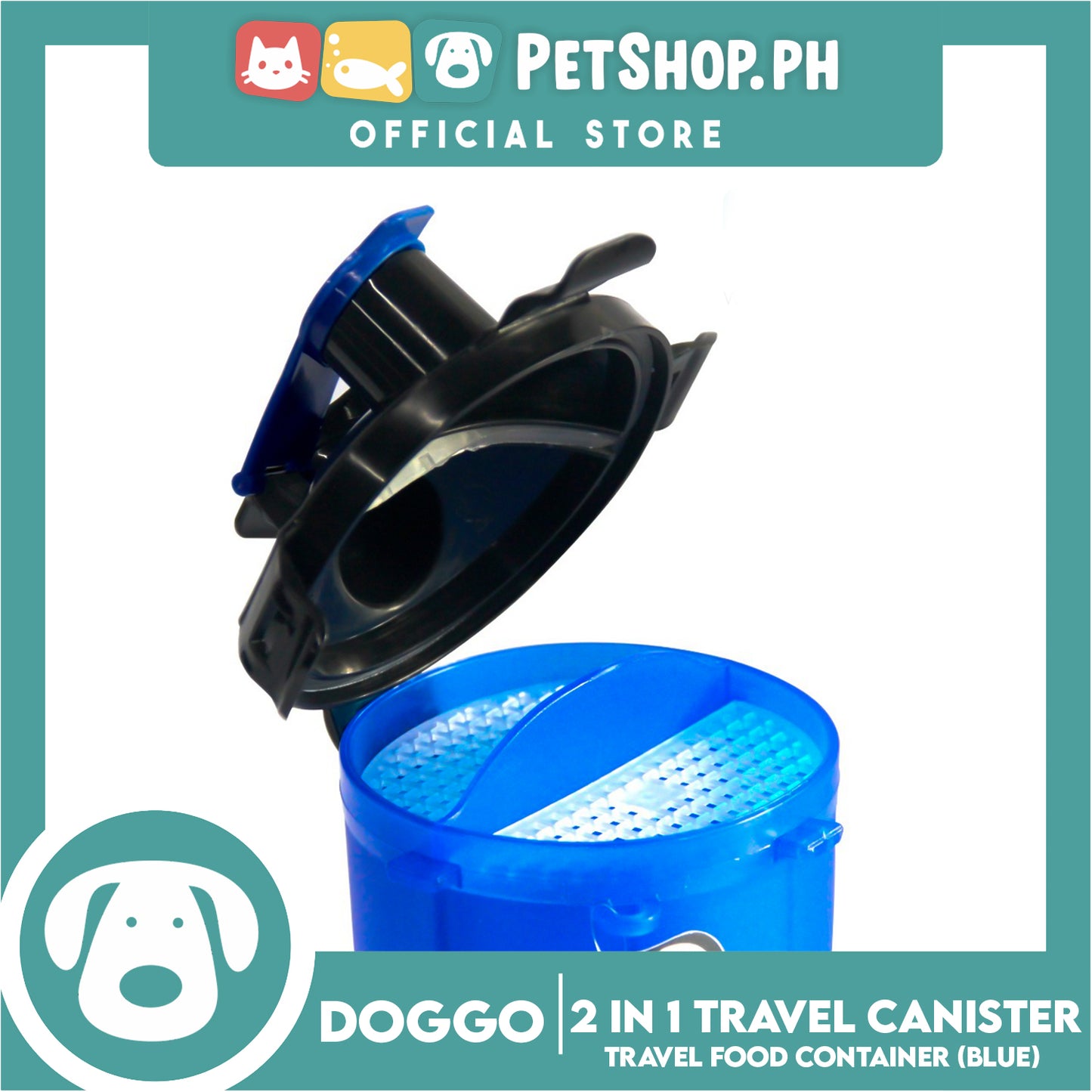 Doggo 2 in 1 Travel Canister, Durable Hard Plastic (Blue)