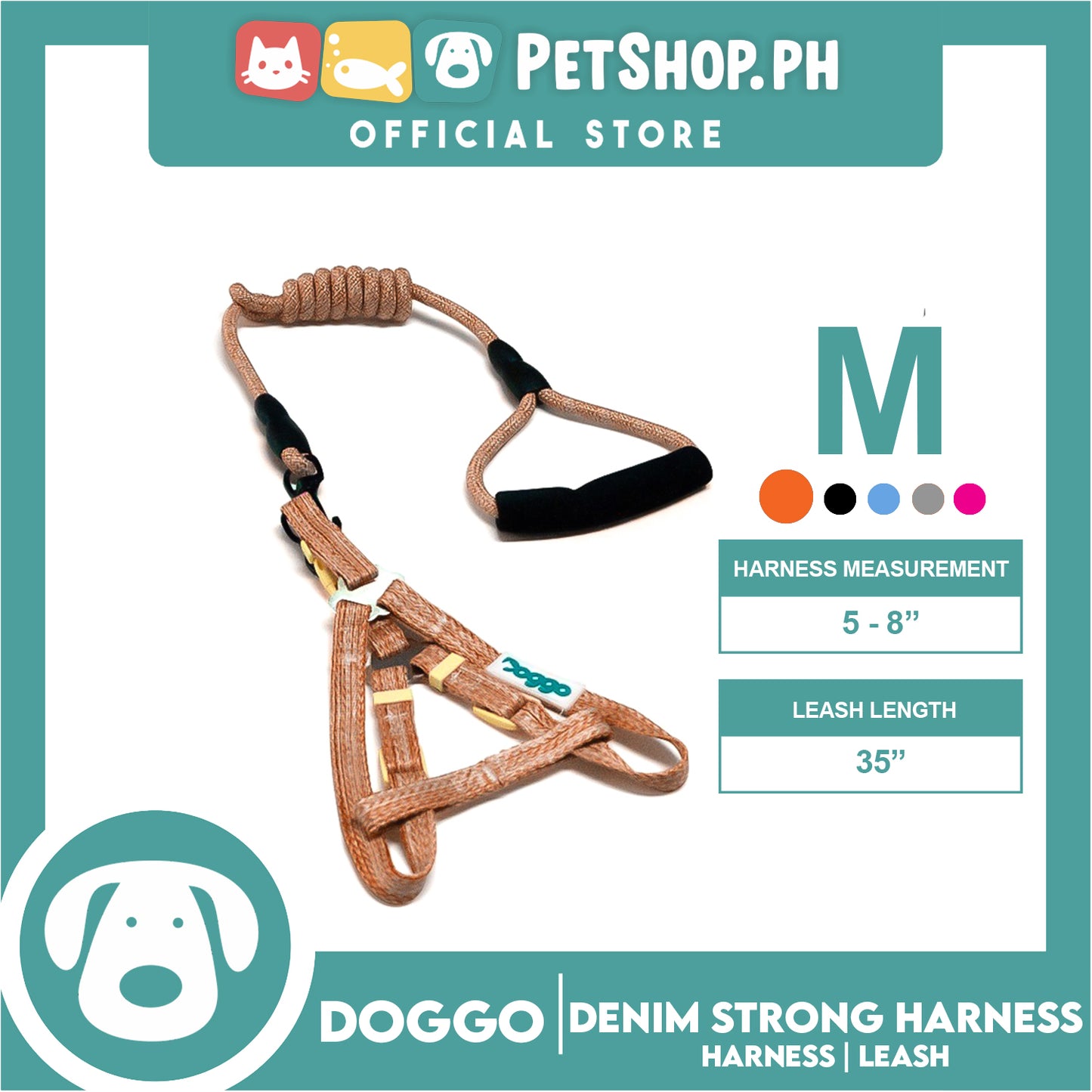 Doggo Atlanta Strong Harness and Leash Set Medium Size (Orange)