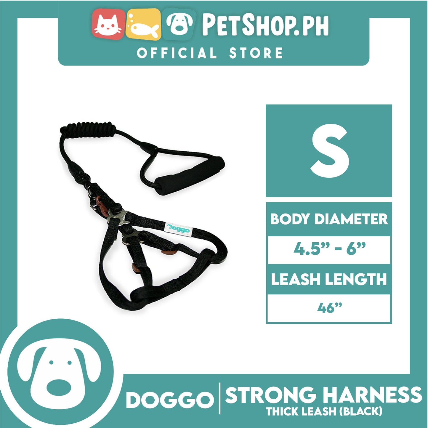 Doggo Denim Strong Harness Small (Black) Thick Leash and Straps for Your Dog