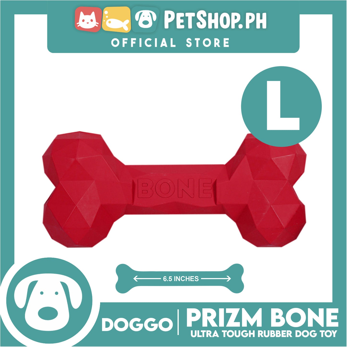 Doggo Prizm Bone Red Color 6.5' ' (Large Size) Ultra Tough Rubber Dog Toy