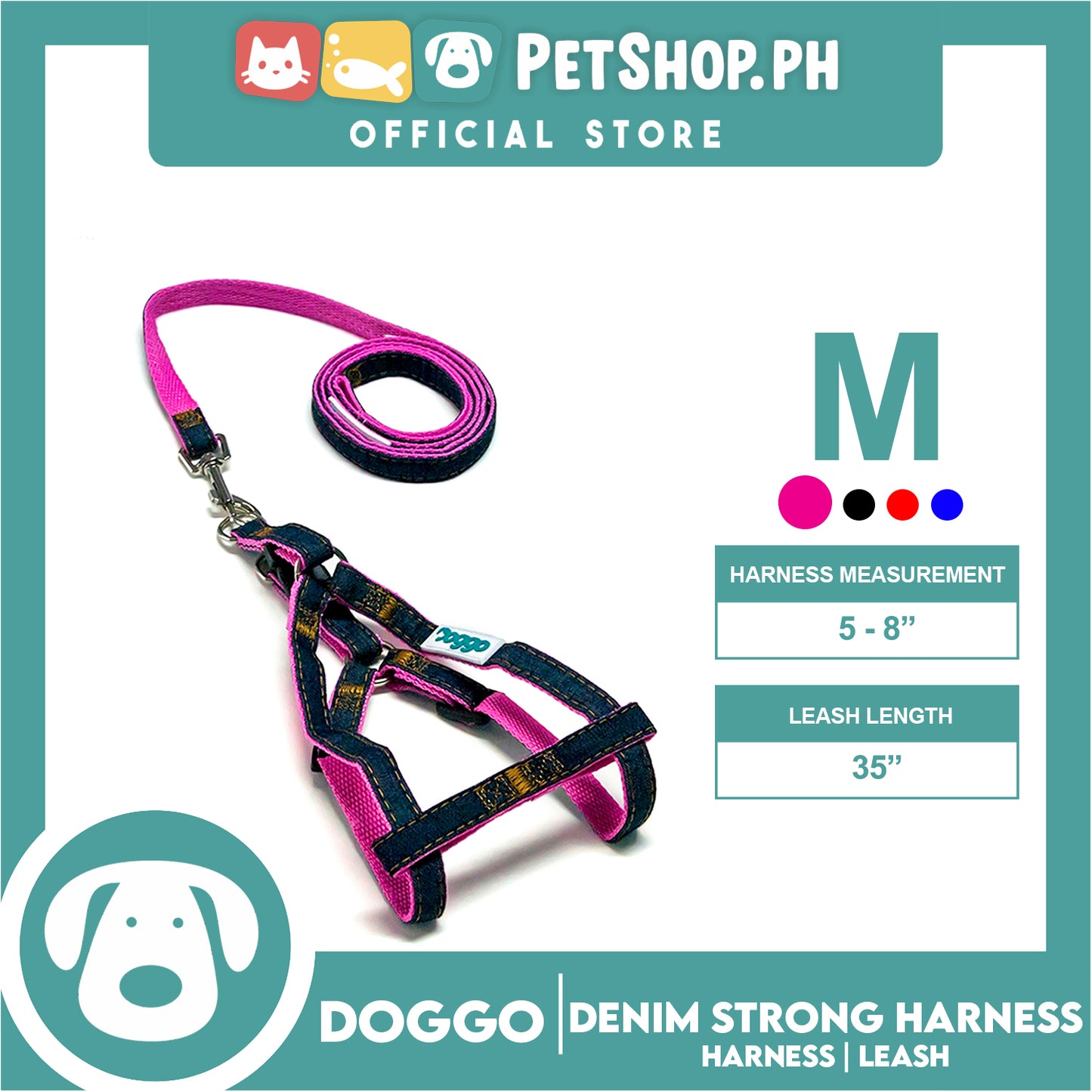 Doggo Denim Strong Harness Medium (Pink) Thick Leash and Straps for Your Dog