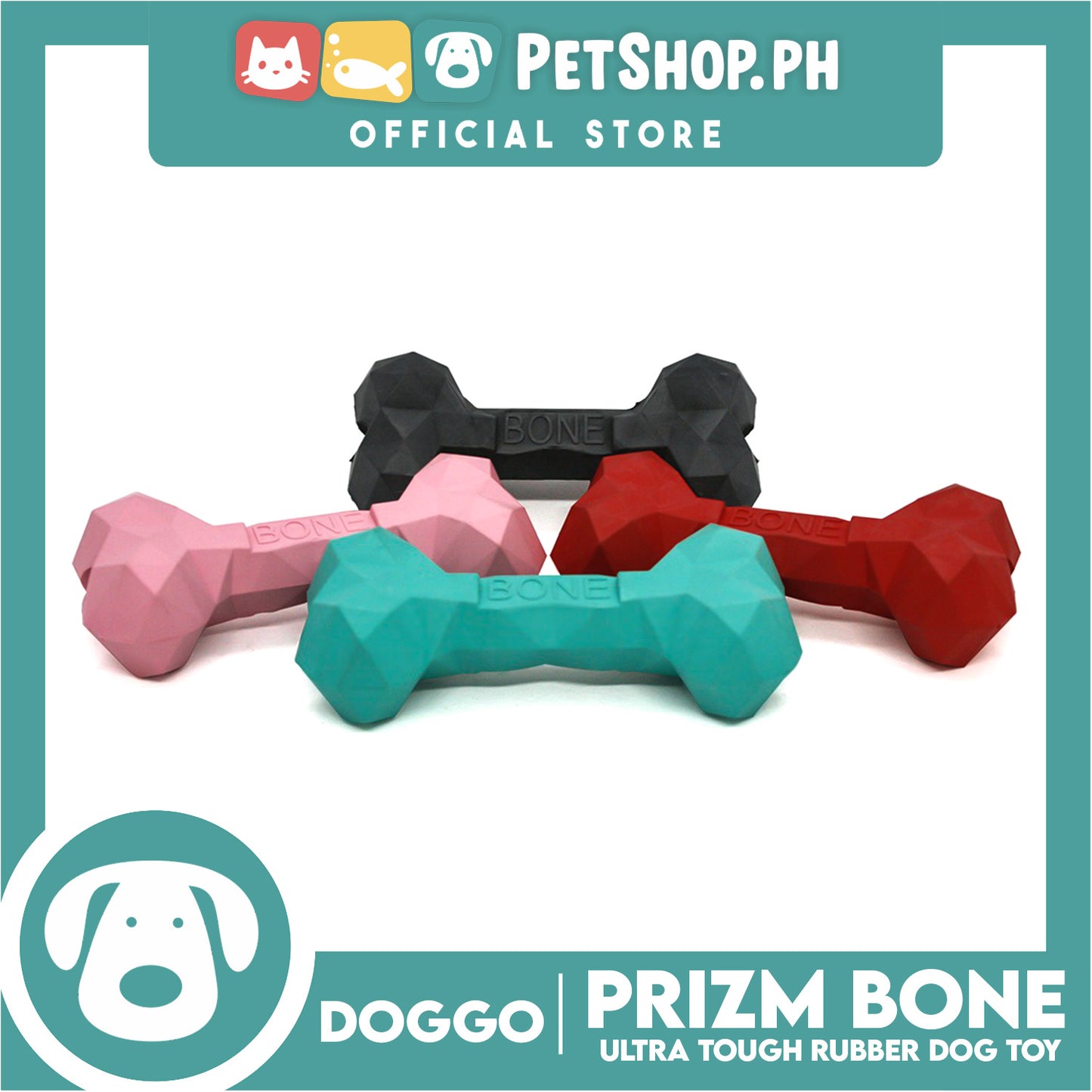 Doggo Prizm Bone Black Color 6.5'' (Large Size) Ultra Tough Rubber Dog Toy