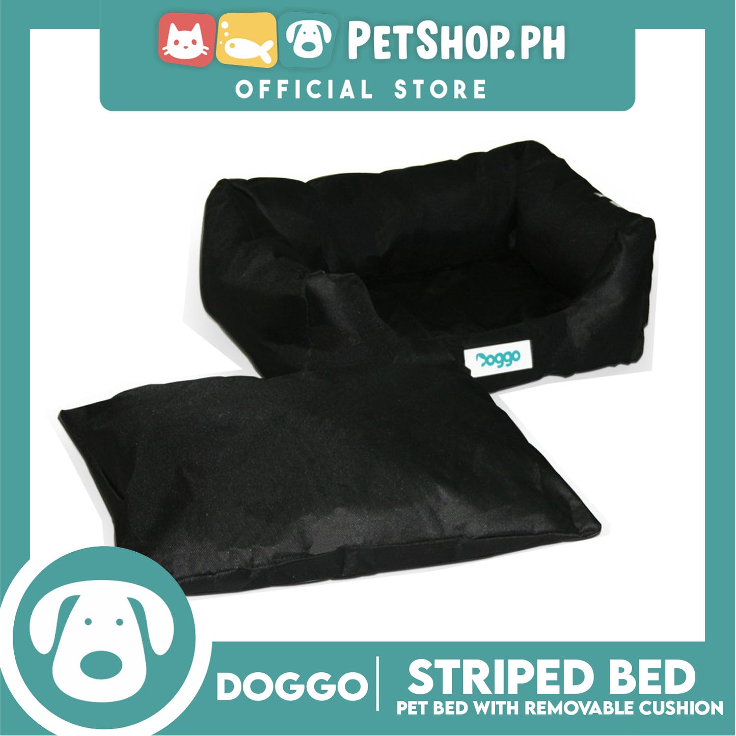 Doggo Striped Bed Black with White Striped (Medium) with Removable Cushion