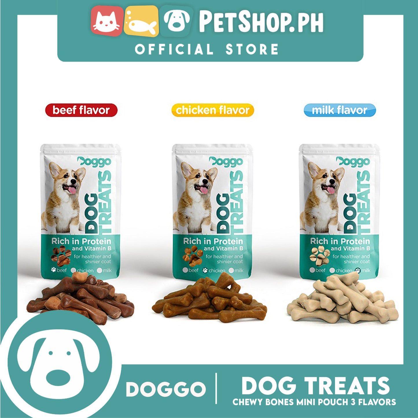 Doggo Dog Treats Chewy Bones Mini Pouch 80 grams, 10 pcs. (Beef Flavor) Treats Mini for Your Dog