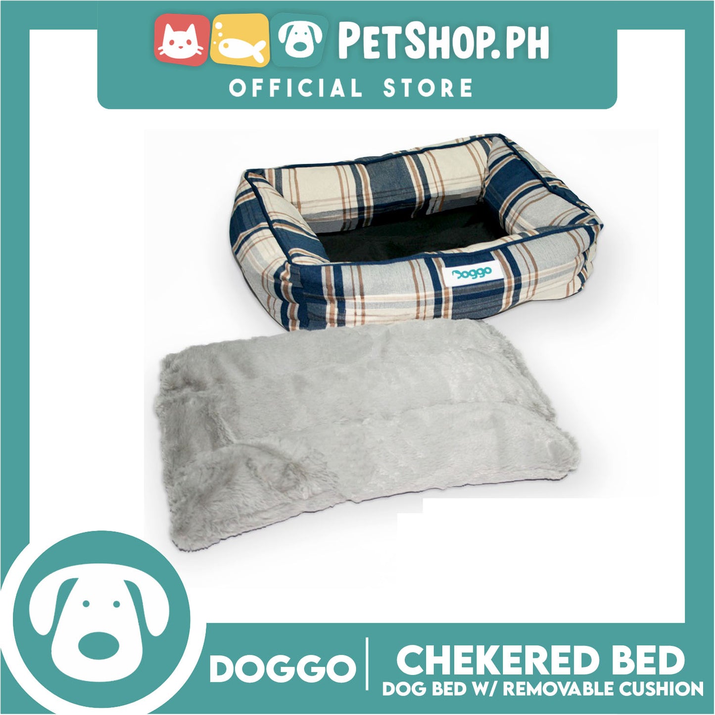 Doggo Checkered Dog Bed (Large) Pet Bed with Removable Cushion