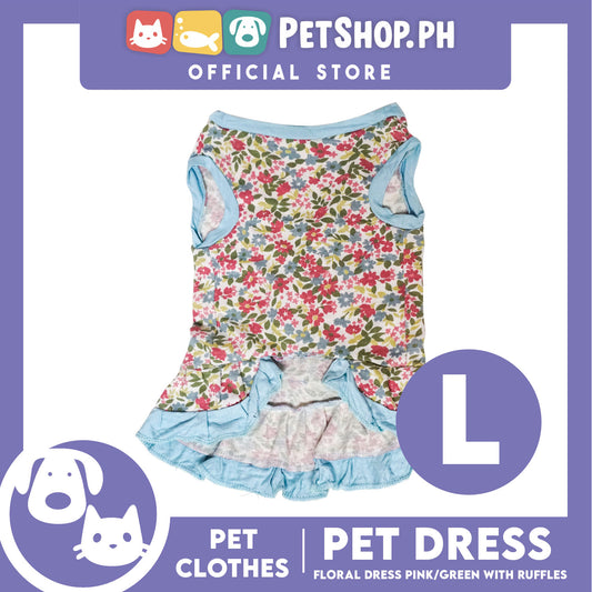 Floral Dress Pink / Green with Ruffles (Large) for Puppy, Small Dogs and Cats