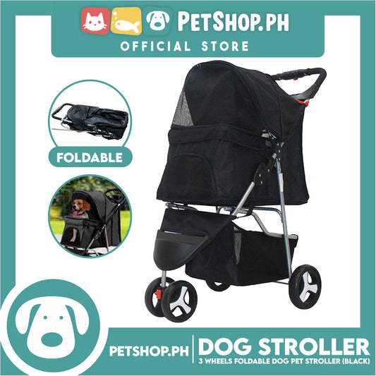 Pet Stroller 3 Wheels Fordable Travel Stroller With Waterproof Shield (Black)
