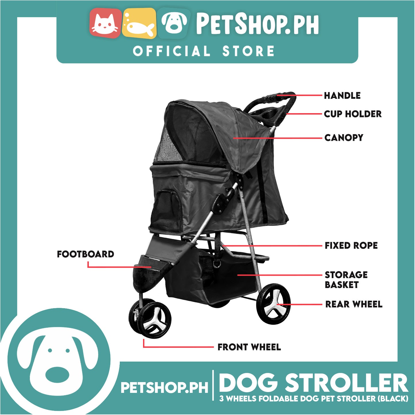 Pet Stroller 3 Wheels Fordable Travel Stroller With Waterproof Shield (Black)