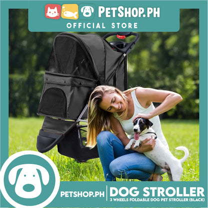 Pet Stroller 3 Wheels Fordable Travel Stroller With Waterproof Shield (Black)