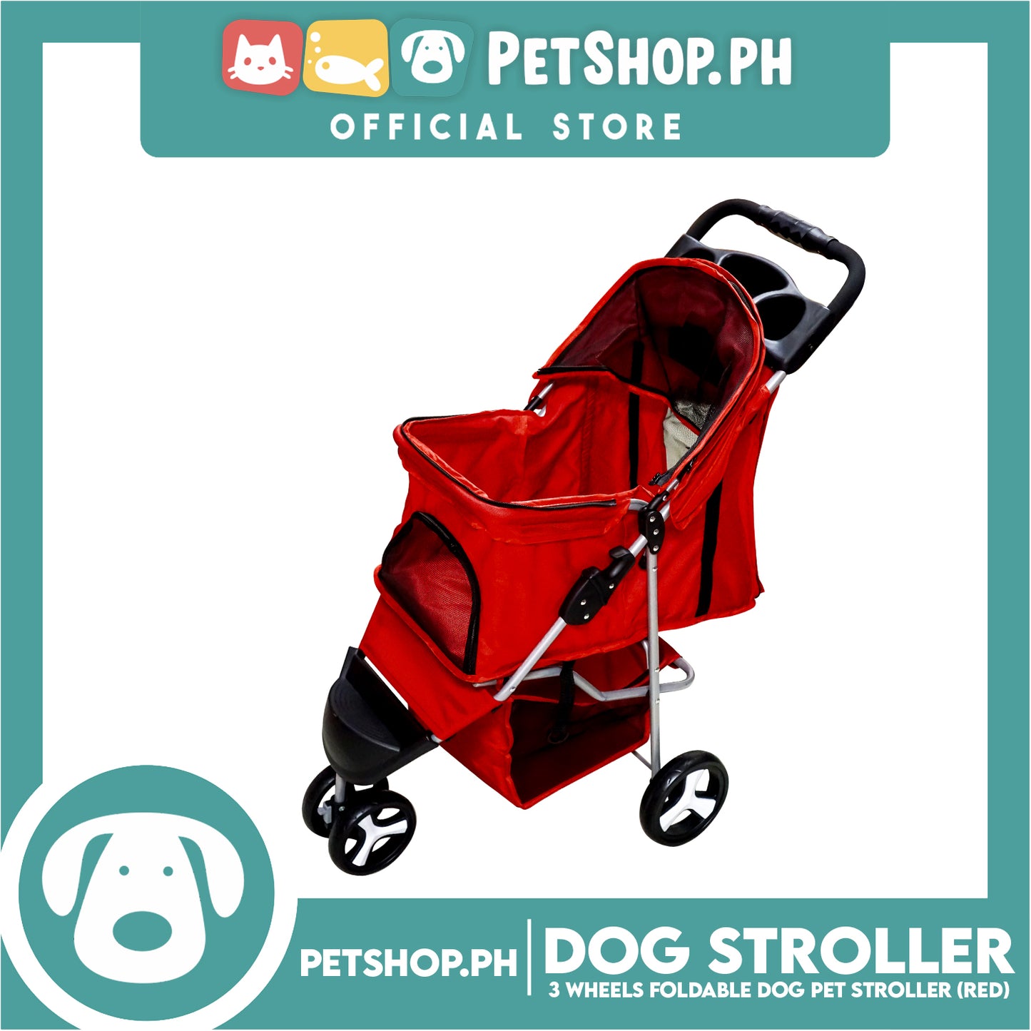 Pet Stroller 3 Wheels Fordable Travel Stroller With Waterproof Shield (Red)