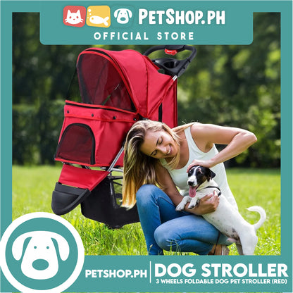 Pet Stroller 3 Wheels Fordable Travel Stroller With Waterproof Shield (Red)