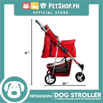 Pet Stroller 3 Wheels Fordable Travel Stroller With Waterproof Shield (Red)