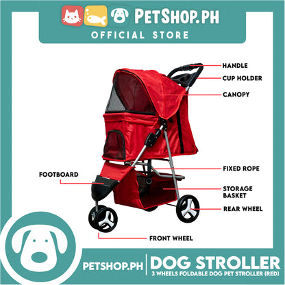 Pet Stroller 3 Wheels Fordable Travel Stroller With Waterproof Shield (Red)