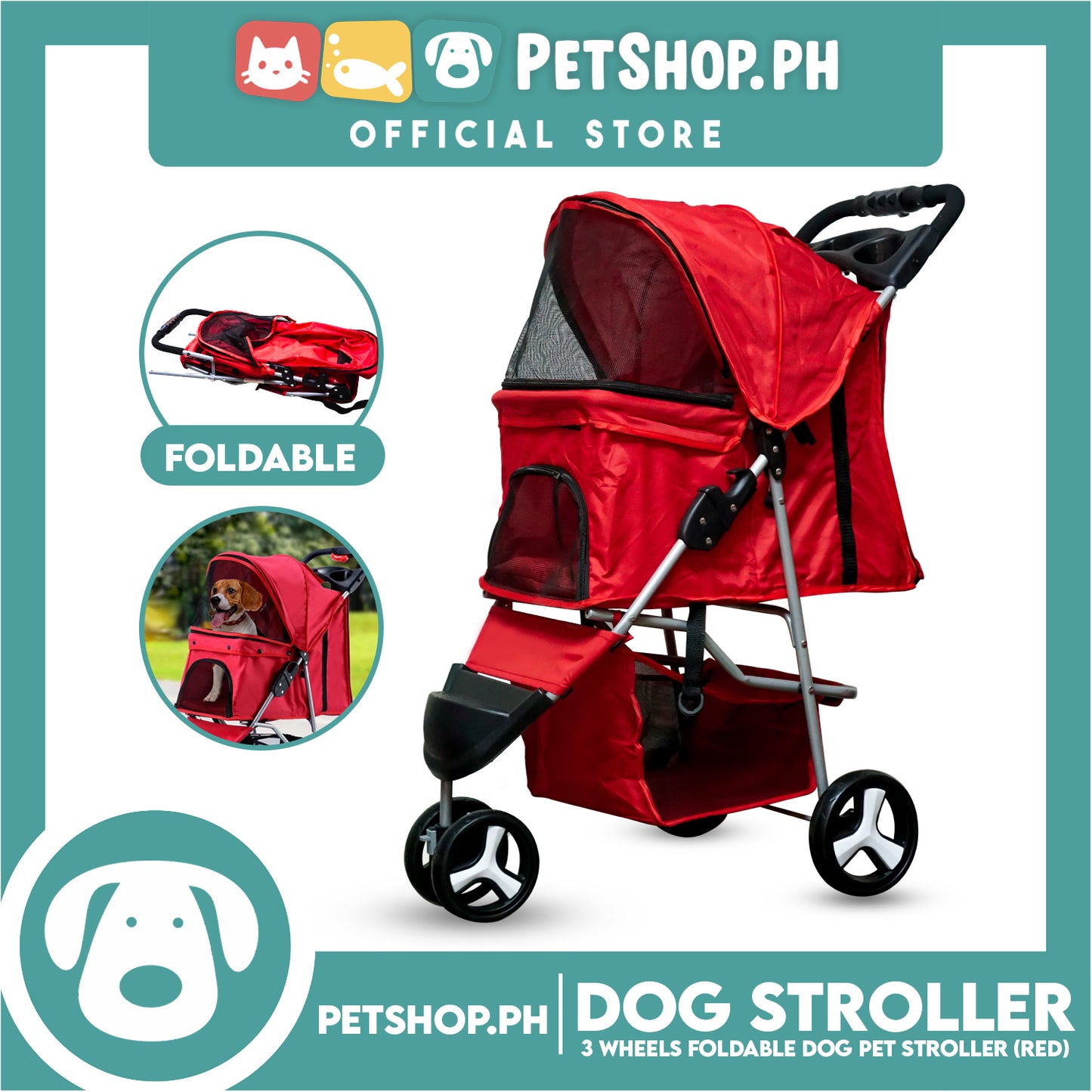 Pet Stroller 3 Wheels Fordable Travel Stroller With Waterproof Shield (Red)