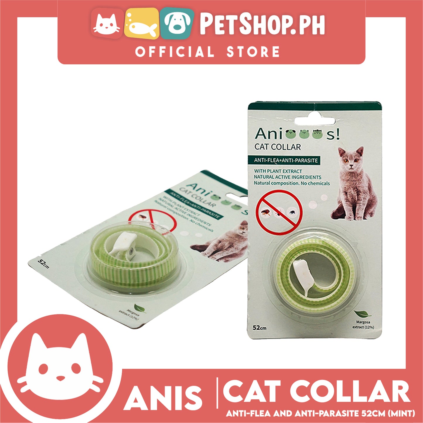 Adjustable Cat Collar Anti-Flea and Anti-Parasite 52cm with 12% Margosa Extract Flea(Assorted Color)