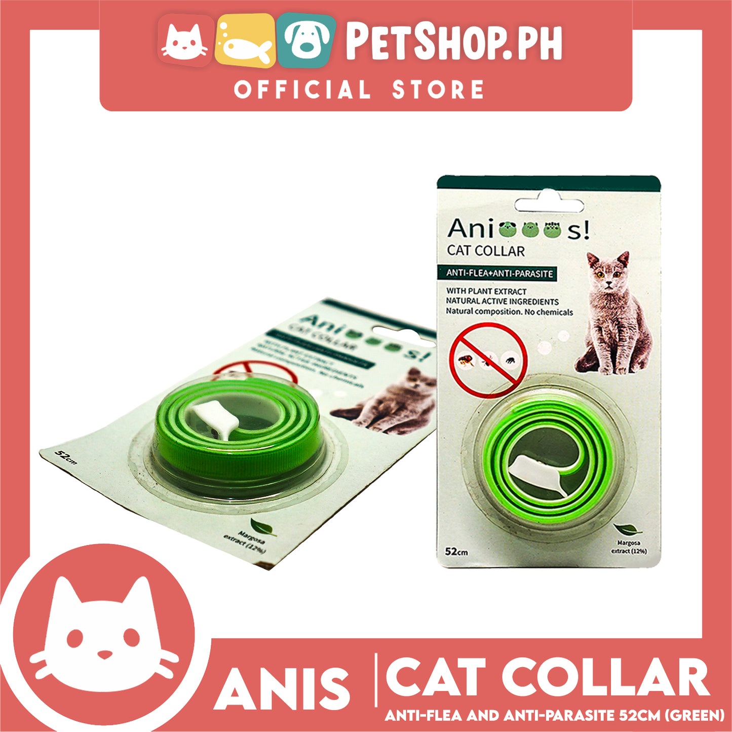 Adjustable Cat Collar Anti-Flea and Anti-Parasite 52cm with 12% Margosa Extract Flea C6713 (Assorted Color)
