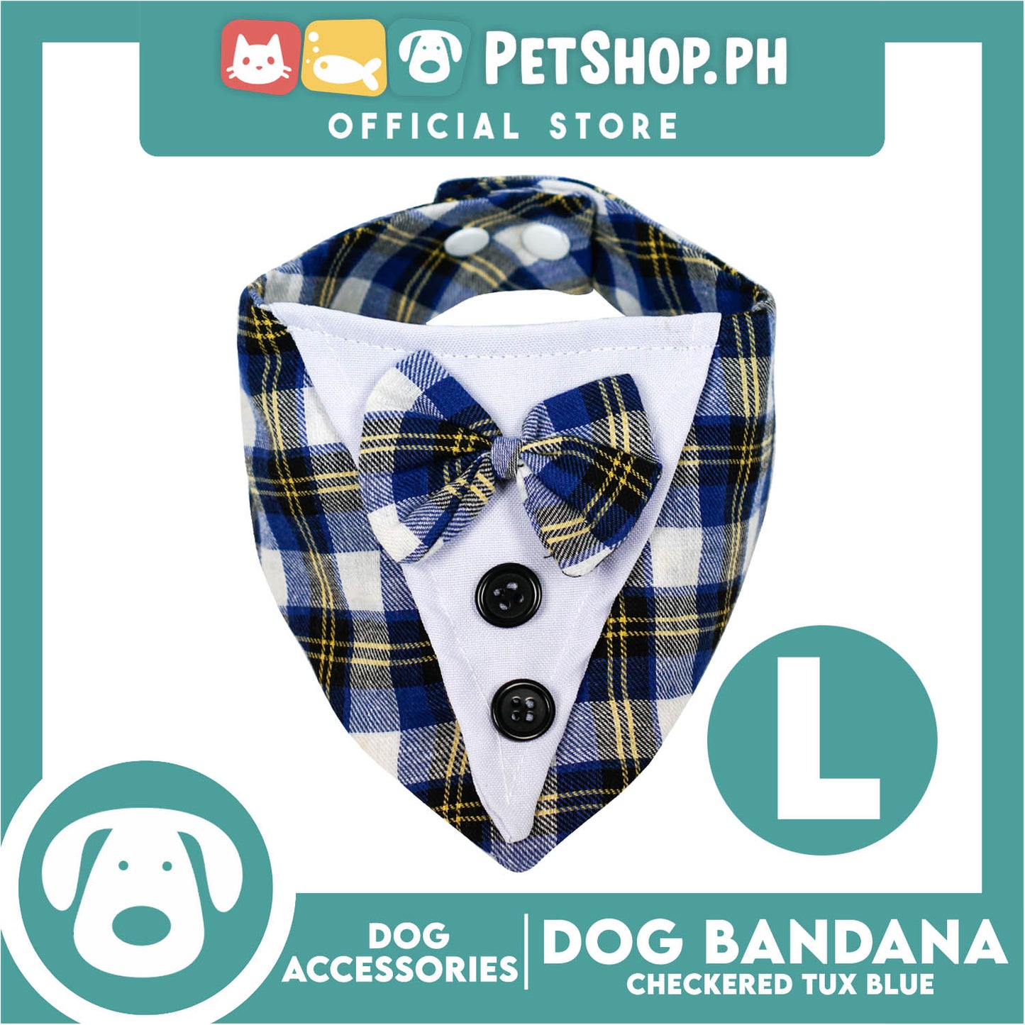 Dog Pet Bandana Blue Checkered Tuxedo Design Washable Scarf (Large)