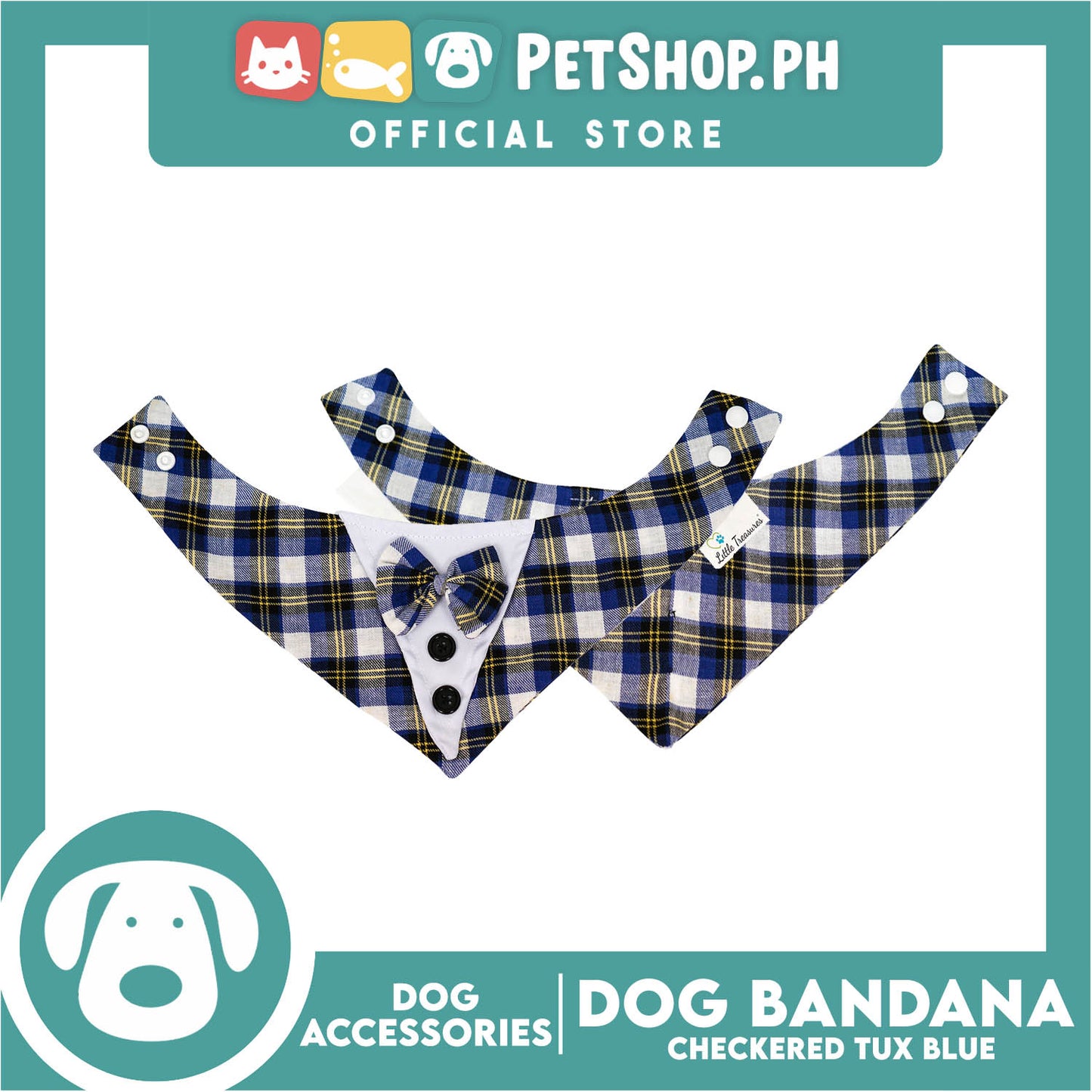Dog Pet Bandana Blue Checkered Tuxedo Design Washable Scarf (Large)
