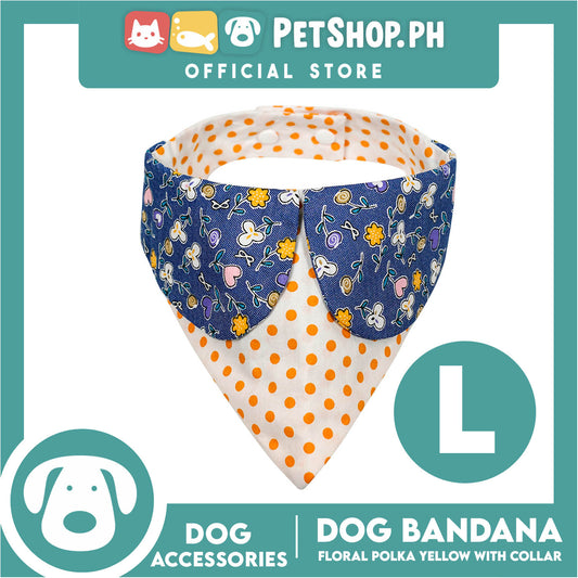 Dog Pet Bandana Blue Floral Yellow Polka Dots Design with Collar Washable Scarf (Large)