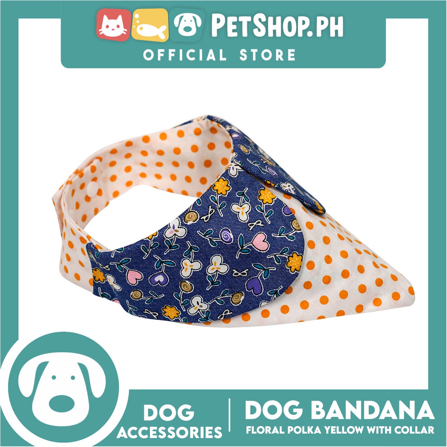 Dog Pet Bandana Blue Floral Yellow Polka Dots Design with Collar Washable Scarf (Large)