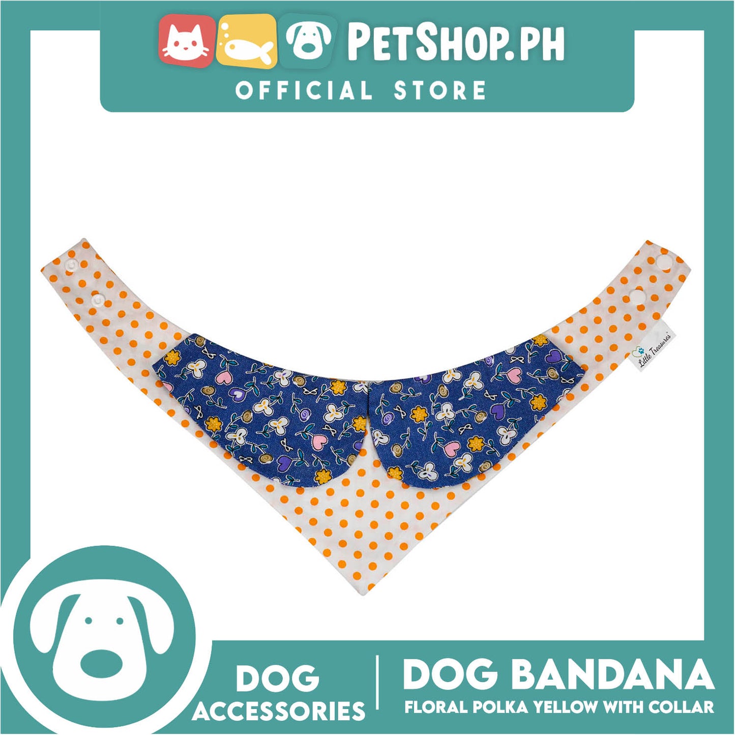 Dog Pet Bandana Blue Floral Yellow Polka Dots Design with Collar Washable Scarf (Large)