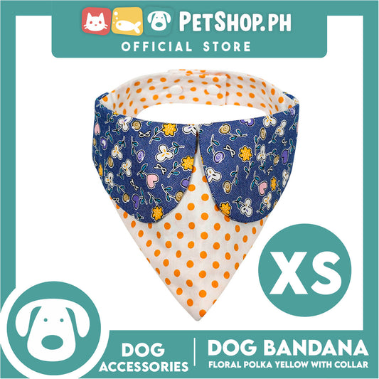 Dog Pet Bandana Blue Floral Yellow Polka Dots Design with Collar Washable Scarf (Extra Large)