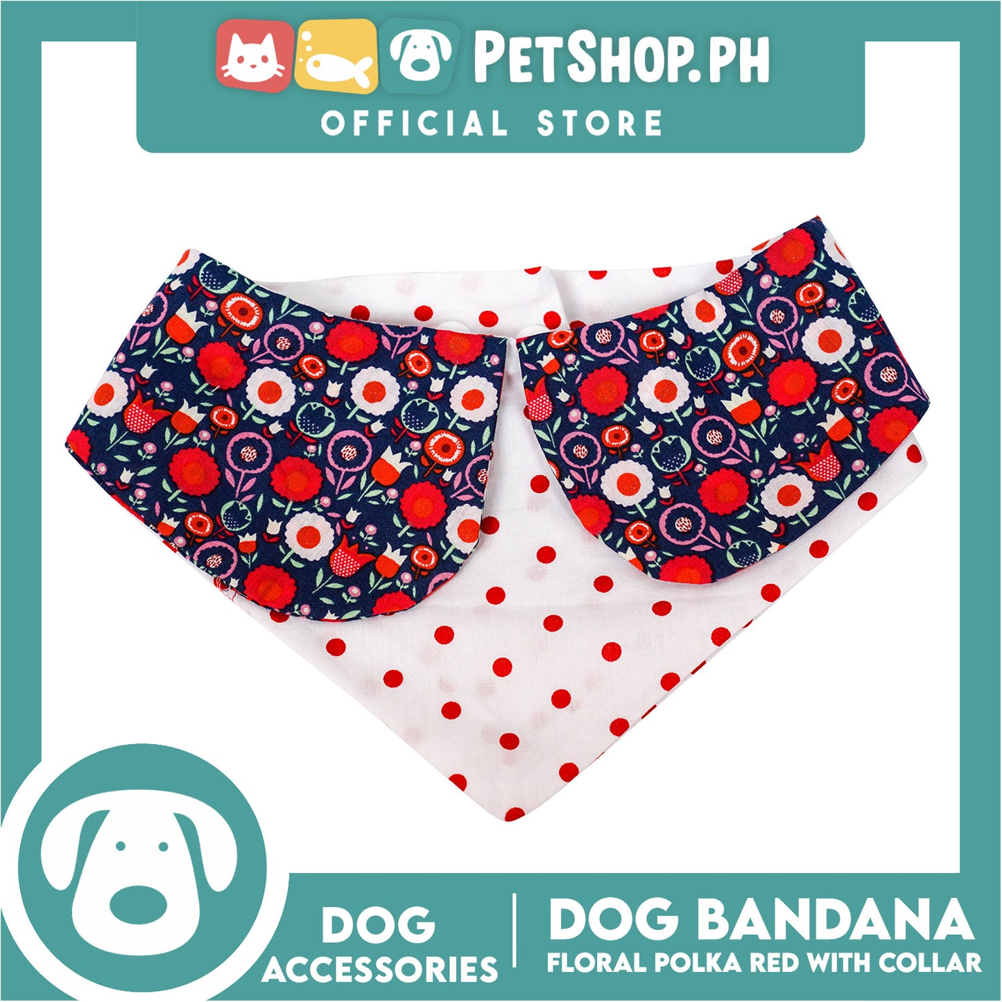 Dog Pet Bandana Red Floral Polka Dots Design with Collar Washable Scarf (Large)