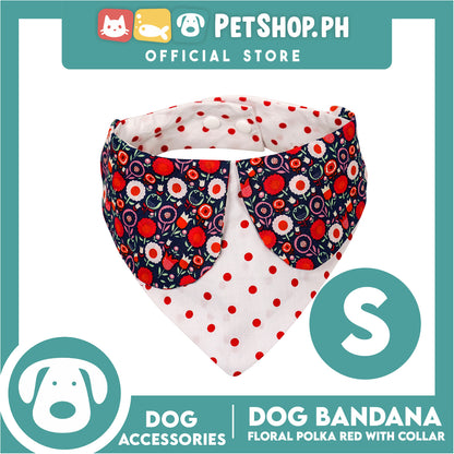Dog Pet Bandana Red Floral Polka Dots Design with Collar Washable Scarf (Small)