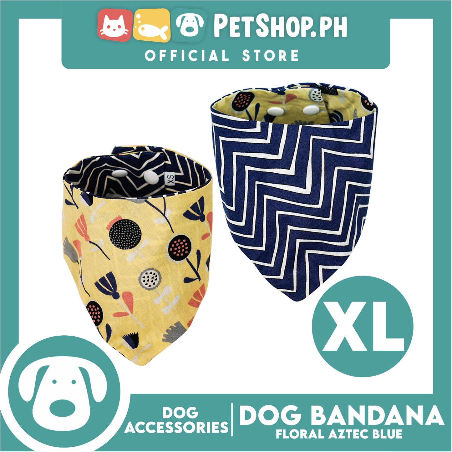 Reversible Dog Pet Bandana Blue Zigzag and Aztec Design Washable Scarf (Extra Large)