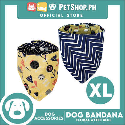 Reversible Dog Pet Bandana Blue Zigzag and Aztec Design Washable Scarf (Extra Large)