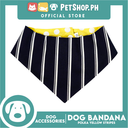 Reversible Dog Pet Bandana Polka Yellow and Stripe Blue Design Washable Scarf (Large)