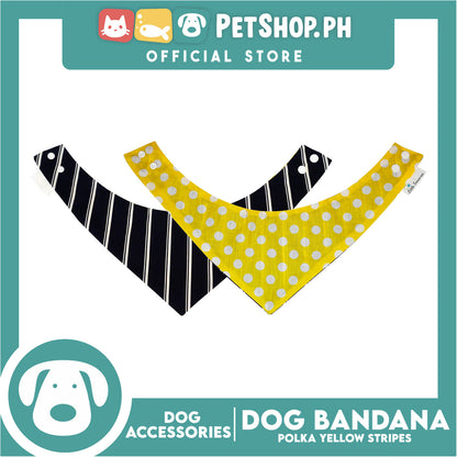 Reversible Dog Pet Bandana Polka Yellow and Stripe Blue Design Washable Scarf (Medium)