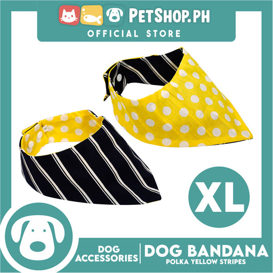 Reversible Dog Pet Bandana Polka Yellow and Stripe Blue Design Washable Scarf (Extra Large)