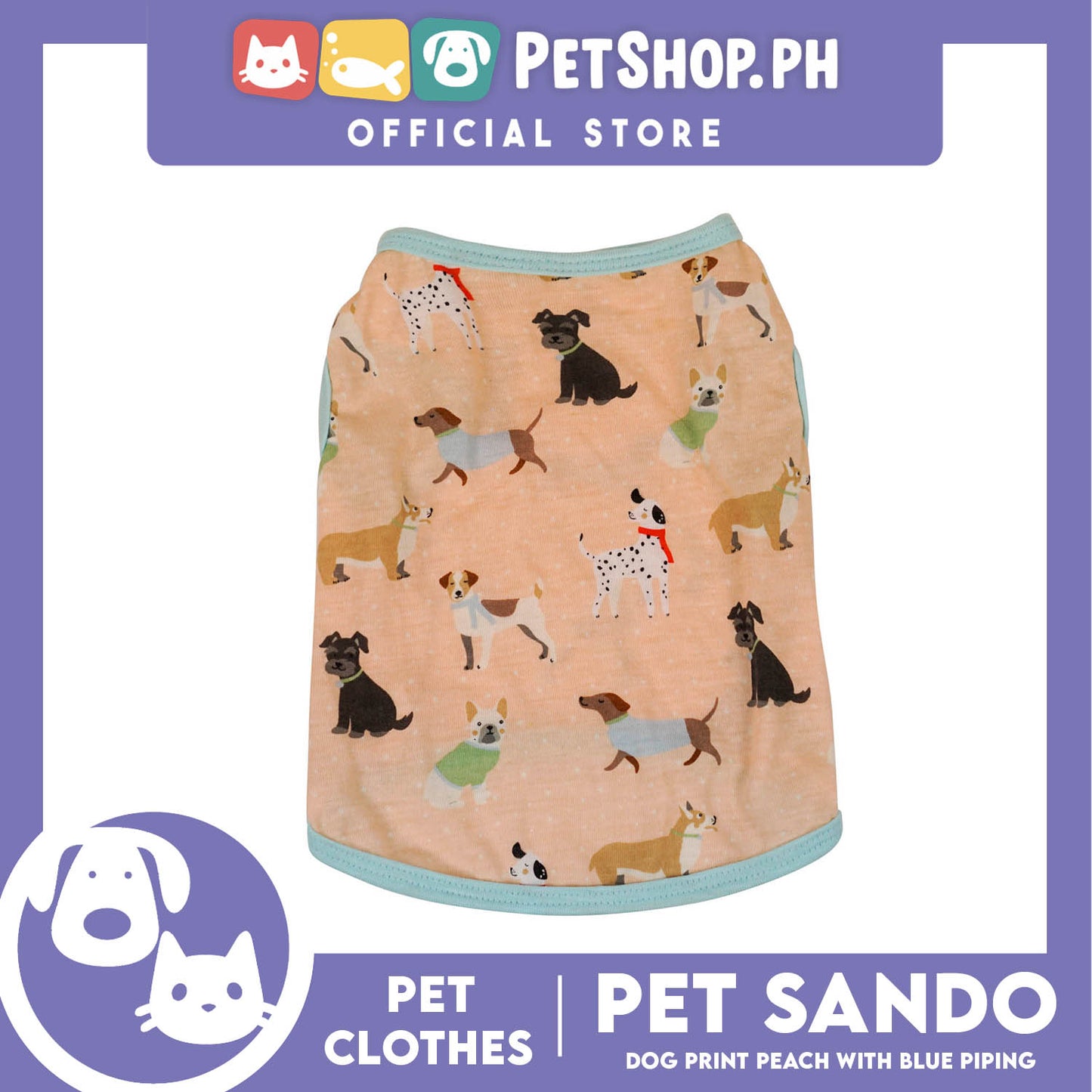 Pet Shirt Dog Print Peach with Blue Piping (Small) Perfect Fit for Dogs
