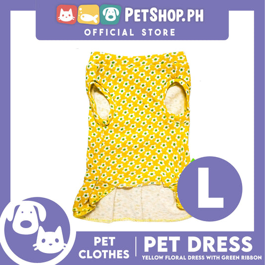 Pet Dress Yellow Floral with Green Ribbon Design (Large) Pet Clothes Perfect Fit for Dogs