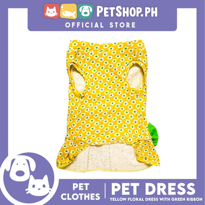 Pet Dress Yellow Floral with Green Ribbon Design (Medium) Pet Clothes Perfect Fit for Dogs