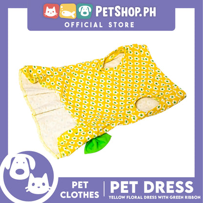 Pet Dress Yellow Floral with Green Ribbon Design (Medium) Pet Clothes Perfect Fit for Dogs