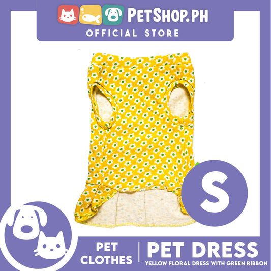 Pet Dress Yellow Floral with Green Ribbon Design (Small) Pet Clothes Perfect Fit for Dogs