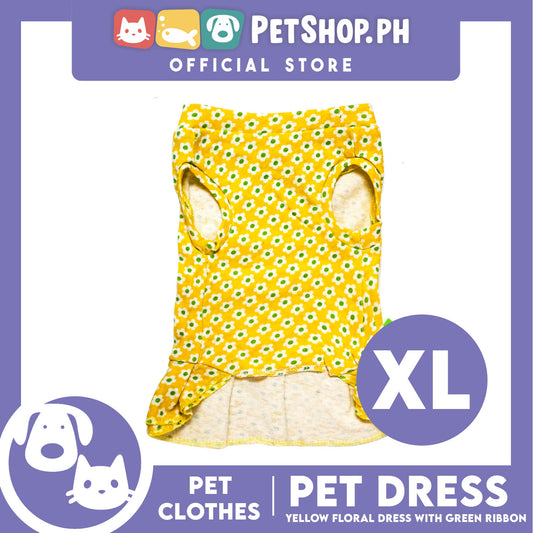Pet Dress Yellow Floral with Green Ribbon Design (Extra Large) Pet Clothes Perfect Fit for Dogs
