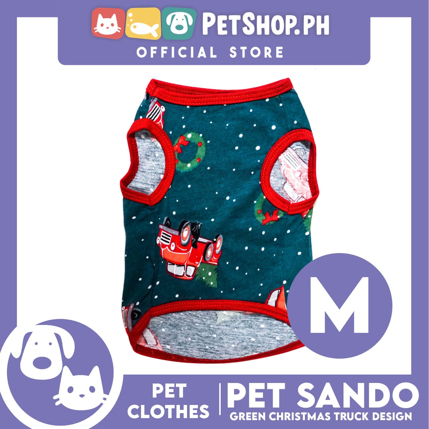 Pet Shirt Green Christmas Truck Design with Red Piping Sleeveless (Medium) Perfect Fit for Dogs