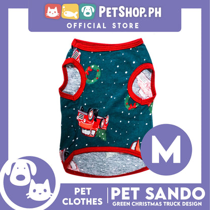 Pet Shirt Green Christmas Truck Design with Red Piping Sleeveless (Medium) Perfect Fit for Dogs