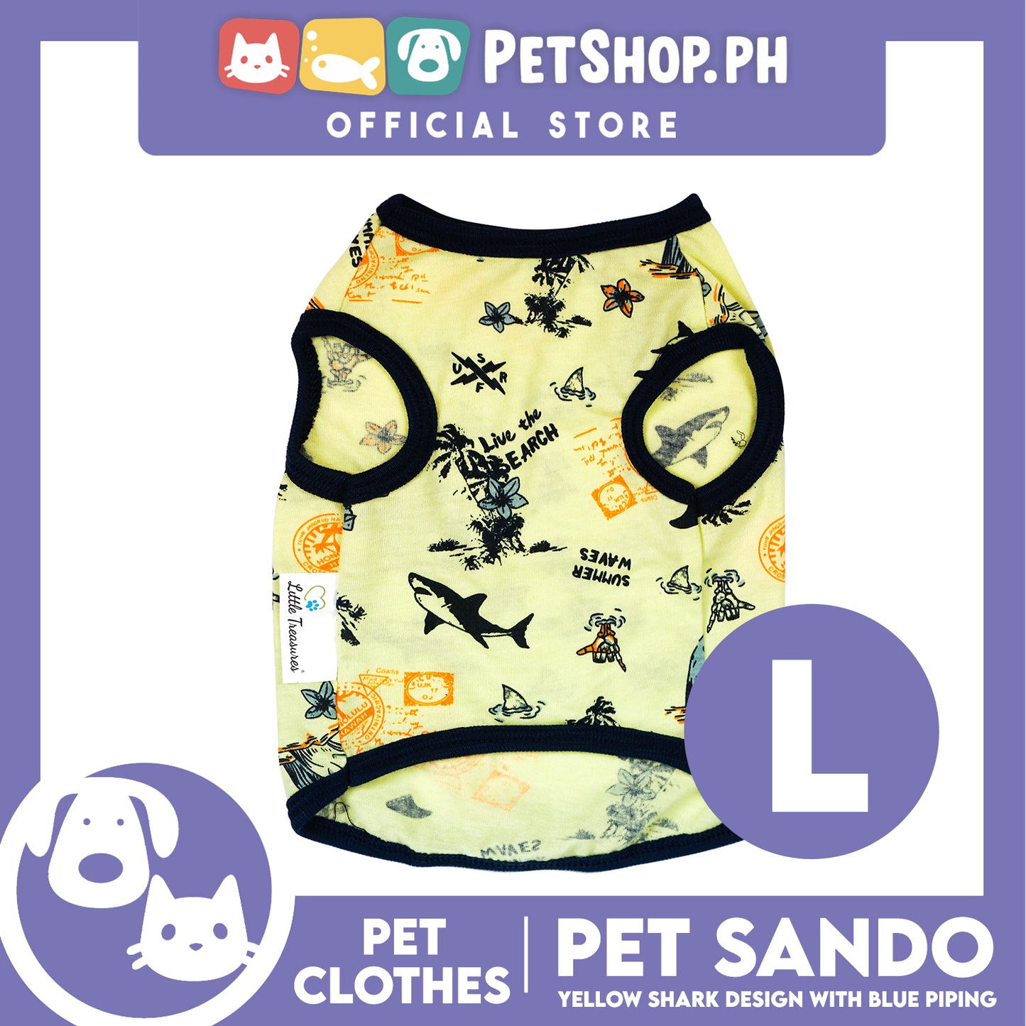 Pet Sando Yellow Shark Print with Blue Piping Pet Clothes (Large) Perfect Fit for Dogs and Cats