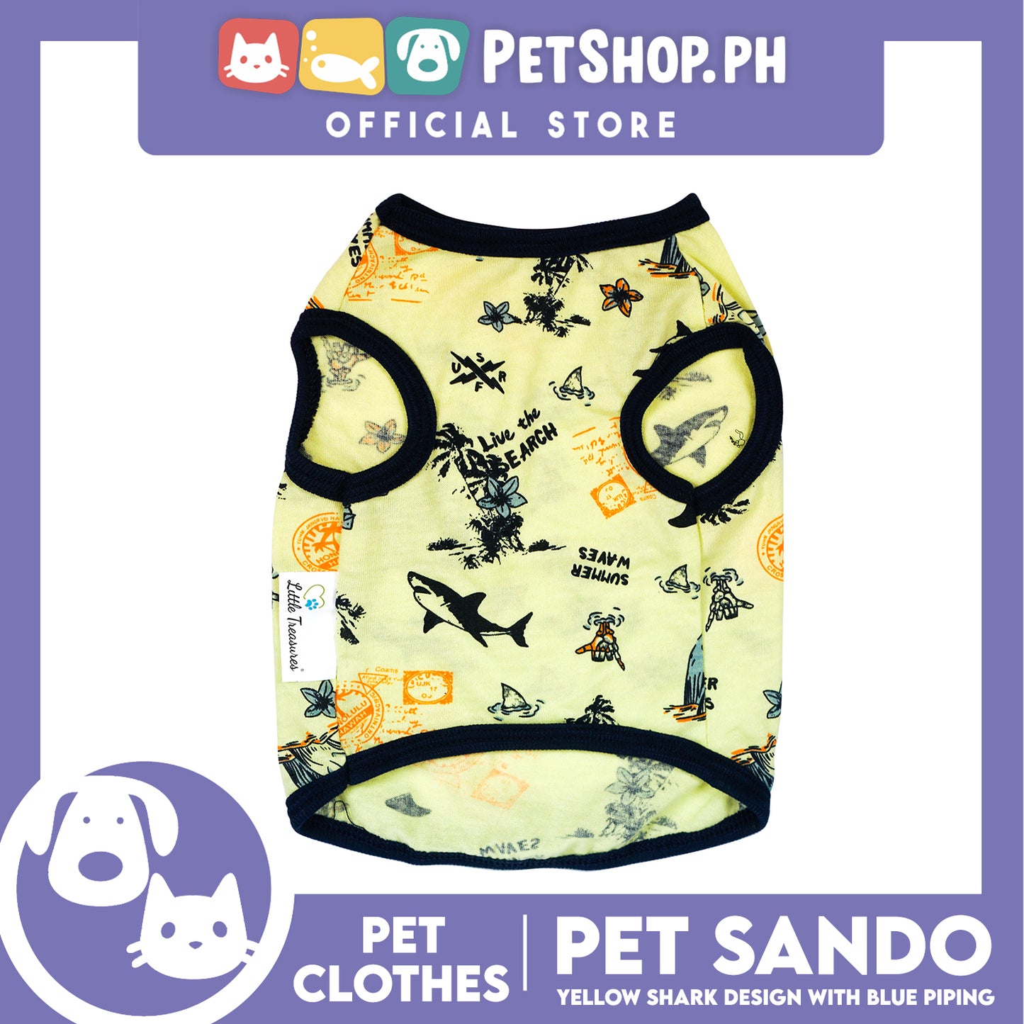 Pet Sando Yellow Shark Print with Blue Piping Pet Clothes (Small) Perfect Fit for Dogs and Cats