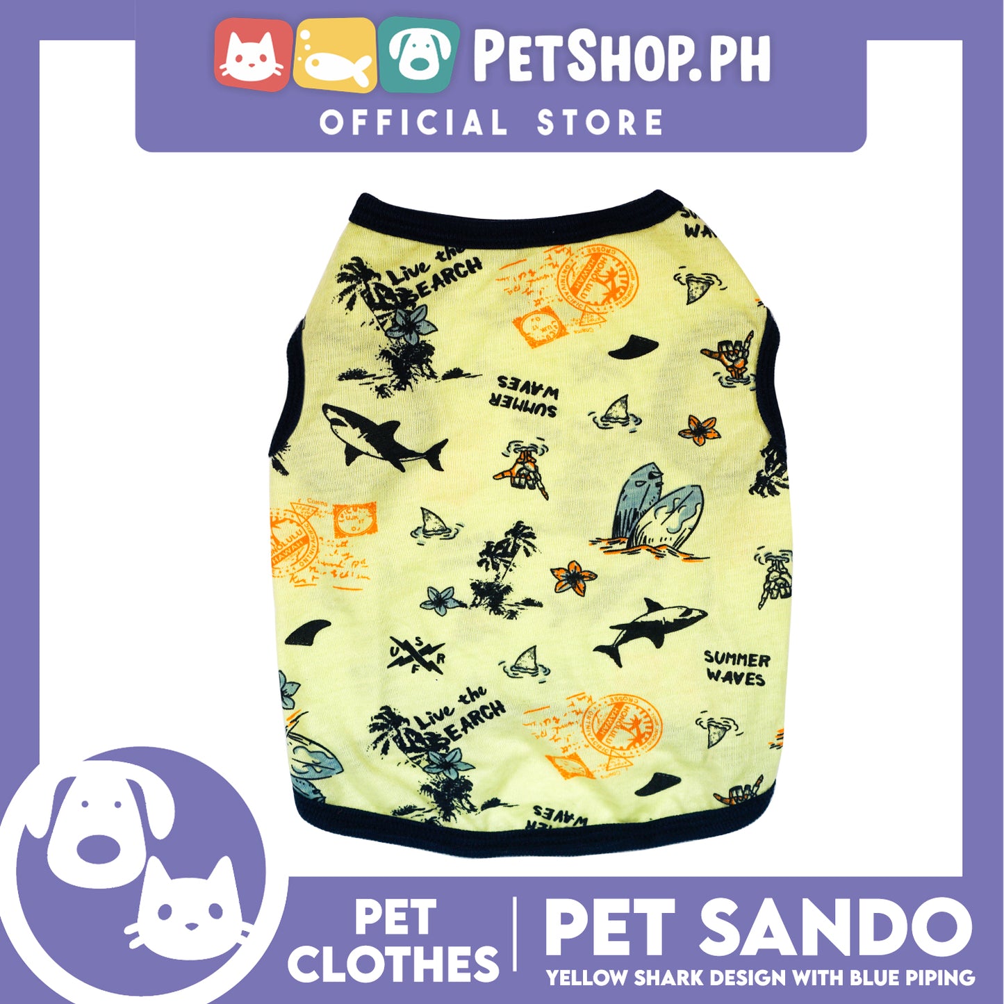 Pet Sando Yellow Shark Print with Blue Piping Pet Clothes (Small) Perfect Fit for Dogs and Cats