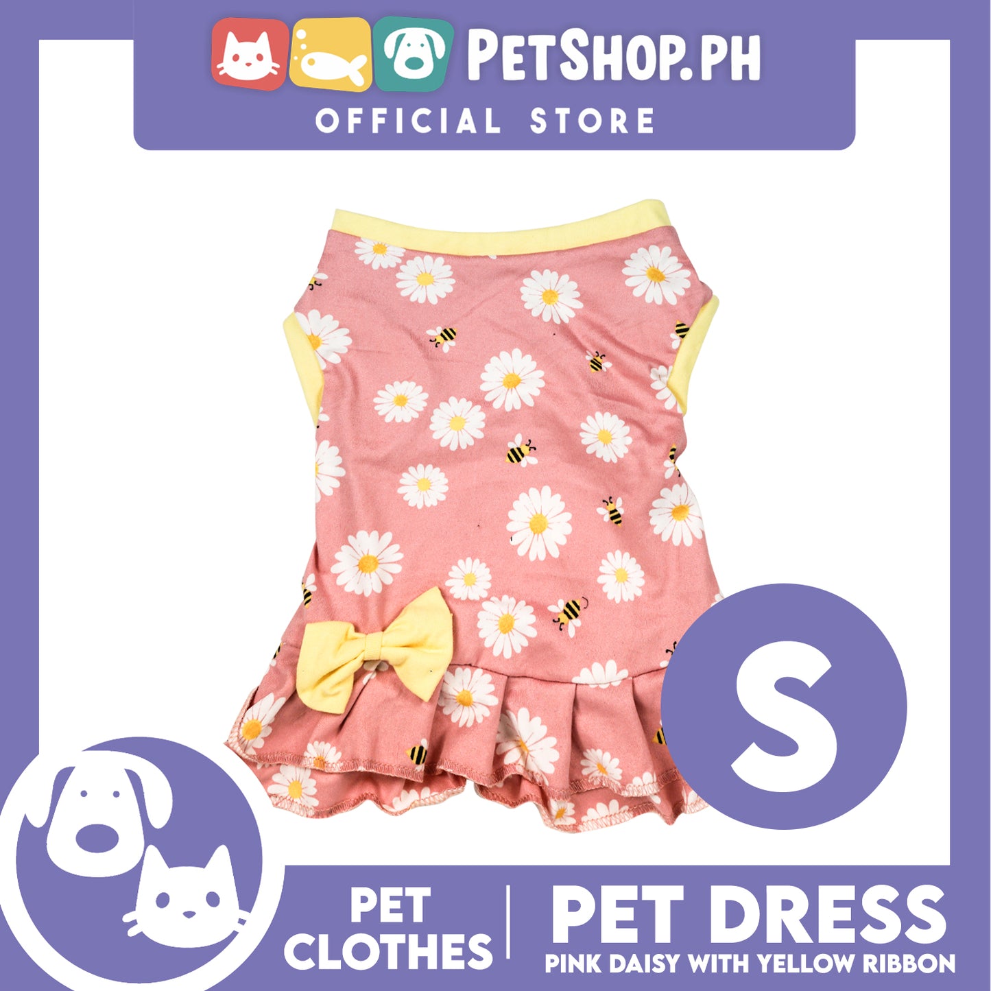 Pet Dress Pink Daisy with Yellow Ribbon Pet Clothes (Small) Perfect Fit for Dogs and Cats