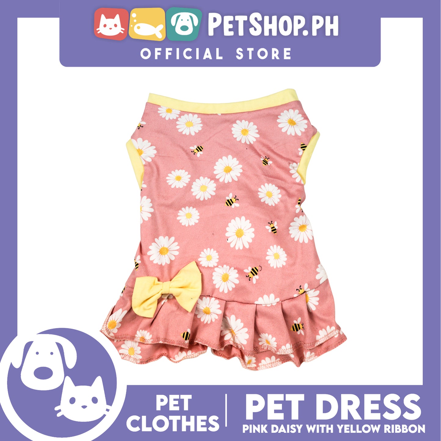 Pet Dress Pink Daisy with Yellow Ribbon Pet Clothes (Small) Perfect Fit for Dogs and Cats