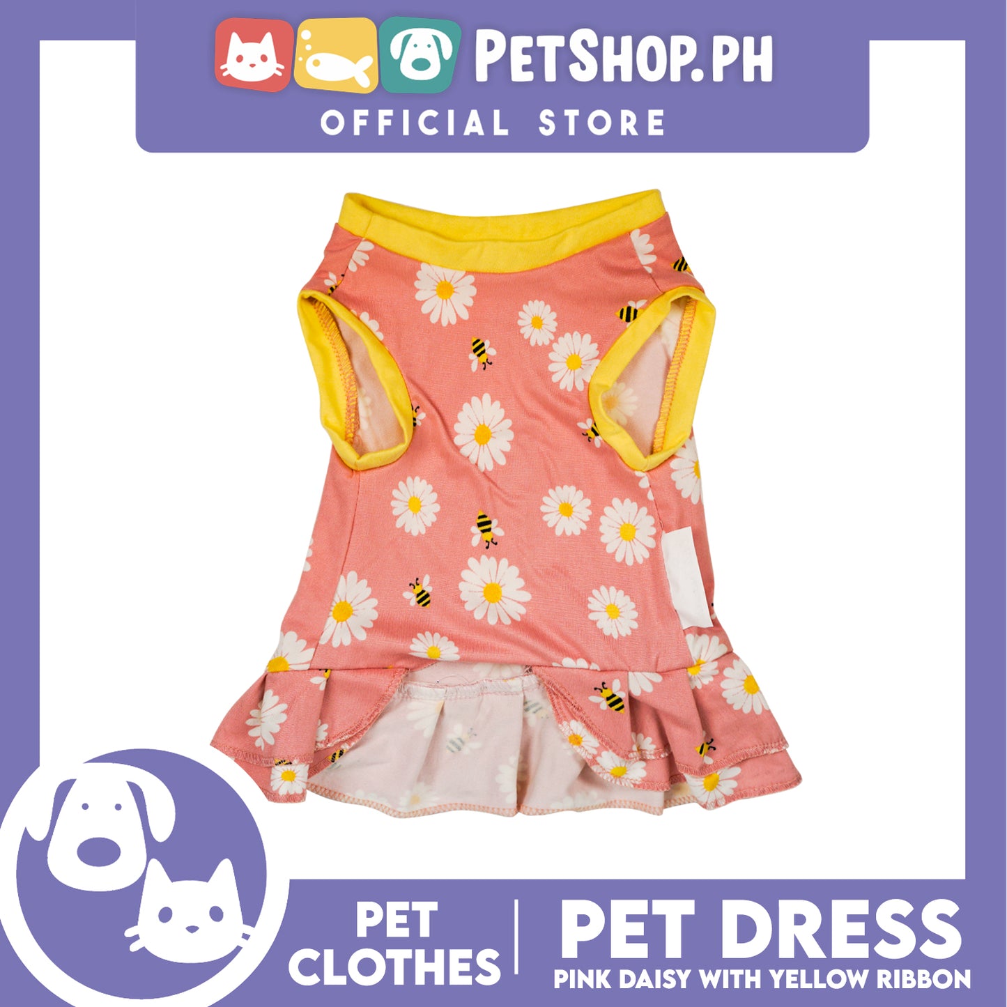 Pet Dress Pink Daisy with Yellow Ribbon Pet Clothes (Small) Perfect Fit for Dogs and Cats