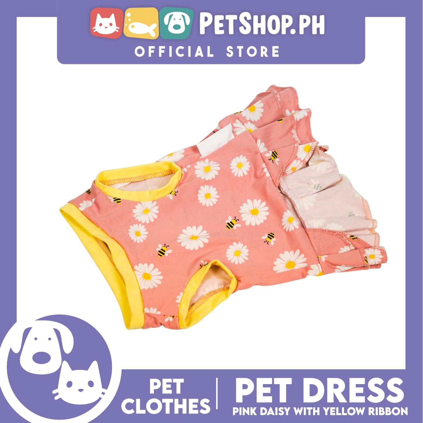 Pet Dress Pink Daisy with Yellow Ribbon Pet Clothes (Small) Perfect Fit for Dogs and Cats