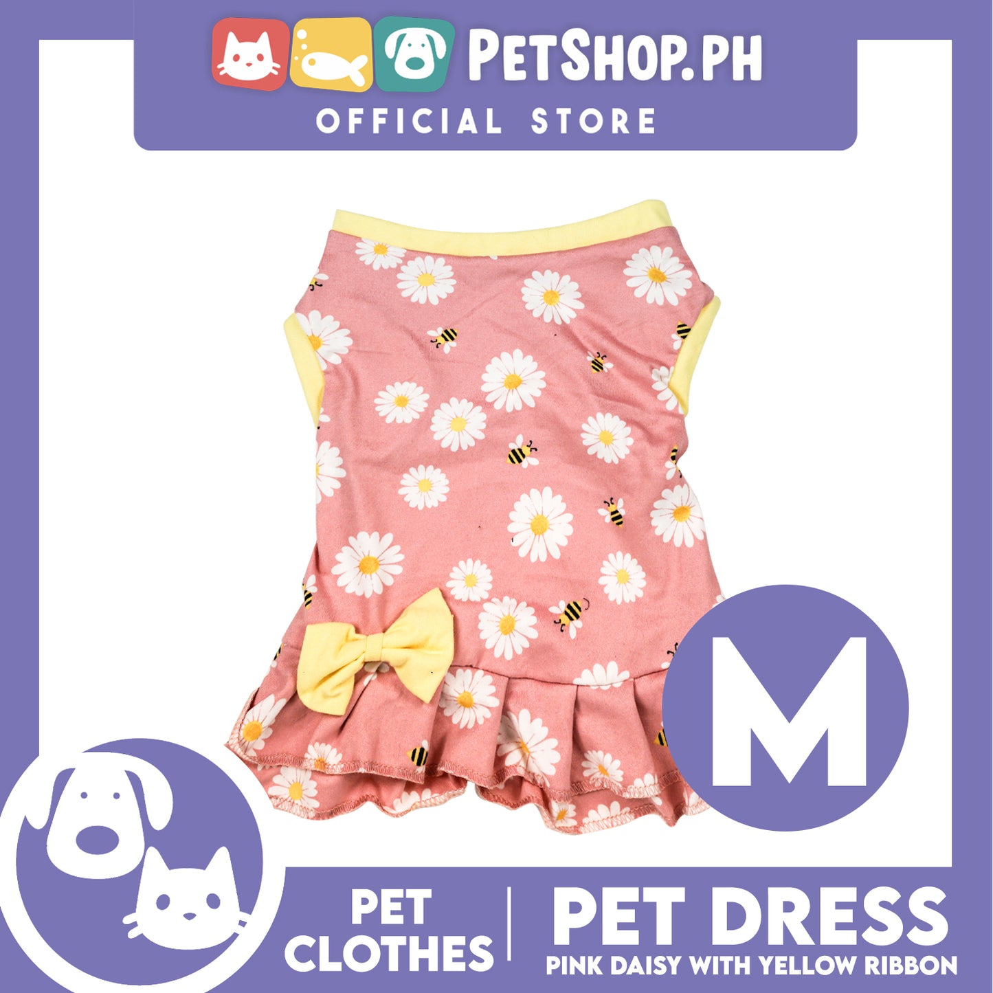Pet Dress Pink Daisy with Yellow Ribbon Pet Clothes (Medium) Perfect Fit for Dogs and Cats