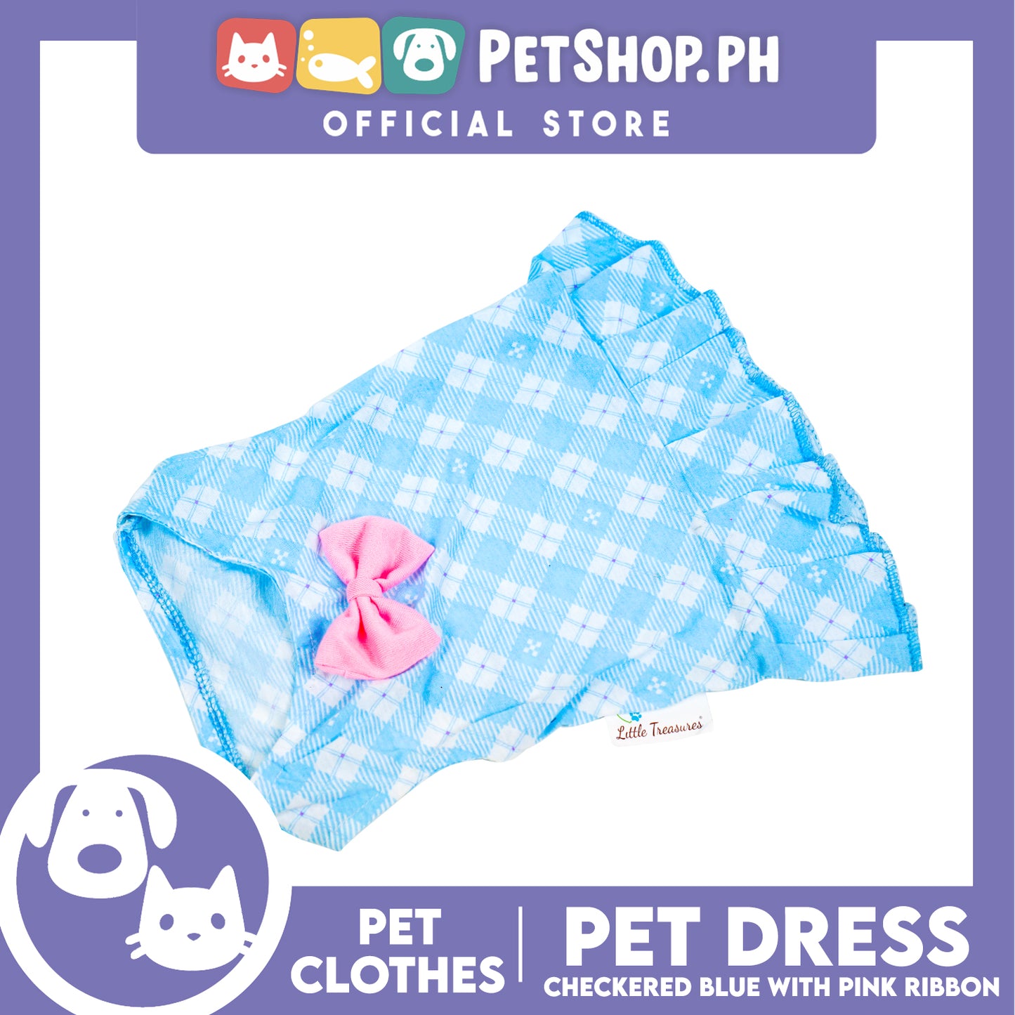 Pet Dress Blue Checkered with Pink Ribbon Pet Clothes (Small) Perfect Fit for Dogs and Cats